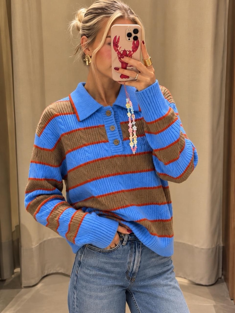 Caroline Constas Striped Collared Polo Sweater Blue Brown S NWT